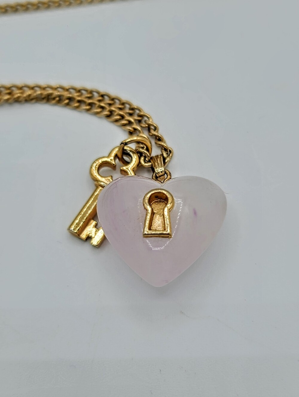 Avon Key To My Heart Necklace Pink Puffy  Heart Key Gold Tone 24" 1976 Vintage